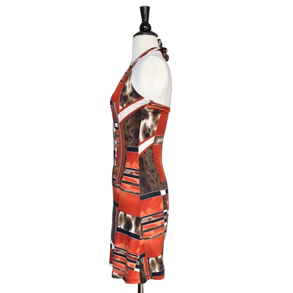 From Italy, Blood Orange Halter w/ Multicolor & Leopard Print Geo Block Design. - Picture 2 of 5